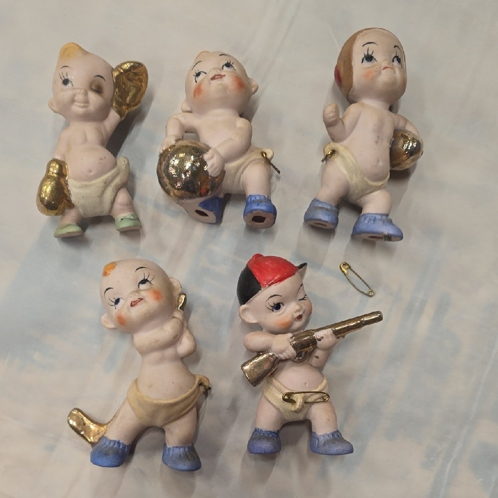 Vintage Porcelain Diaper Baby Figurines Set Golf Rifle Football Boxing Japan SET